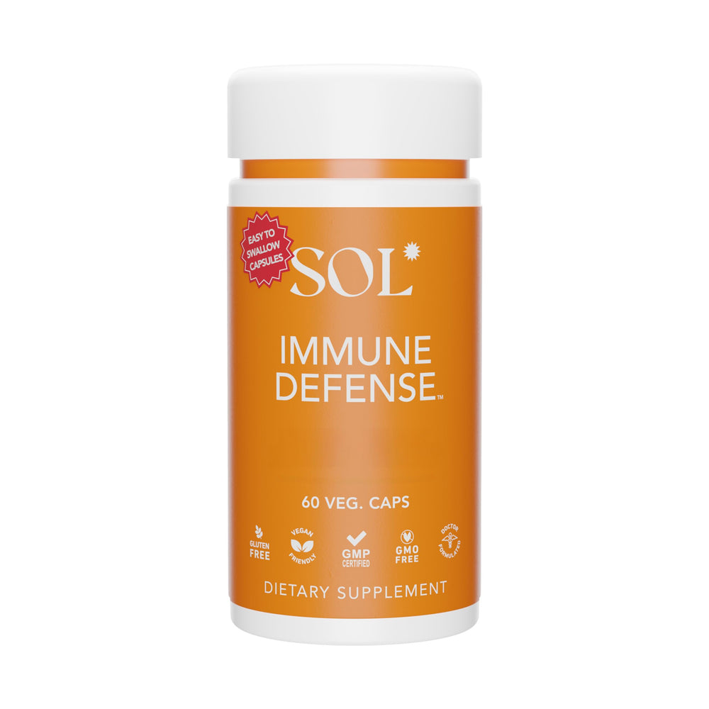 Sol Nutrition Immune Defense bottle on a kitchen shelf for daily immune support