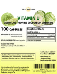 Solar Nutrition Vitamin U capsules close-up highlighting vegan formula.