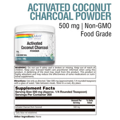 SOLARAY activated coconut charcoal powder pour shows convenient dosing for digestion.
