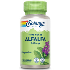 Solaray Alfalfa Leaf 860mg bottle conveying vegan daily nutrition support.