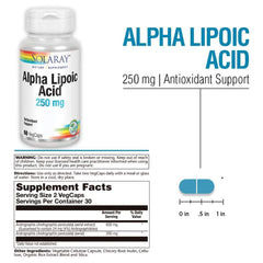 SOLARAY Alpha Lipoic Acid 250 mg capsules close-up highlighting vegan capsules for energy.