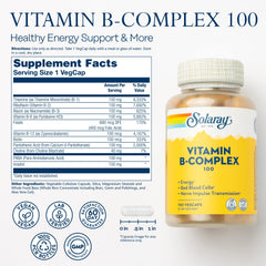 Solaray B Complex capsules close-up, vegan vitamins for daily energy metabolism.