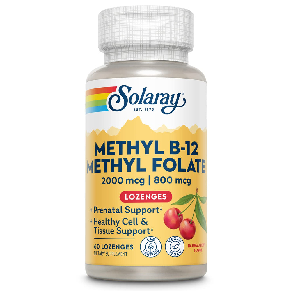 Solaray B-12 methyl folate lozenges packaging for daily on-the-go support
