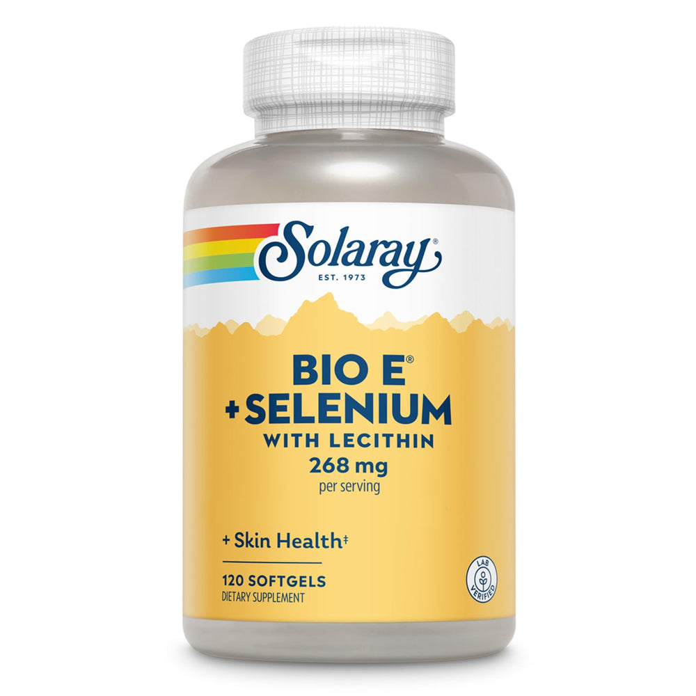 Solaray Bio E with Selenium bottle showing two daily softgels.