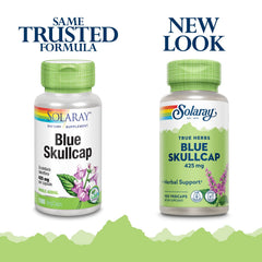 SOLARAY Blue Skullcap 425mg bottle label highlights potency and vegan credentials.