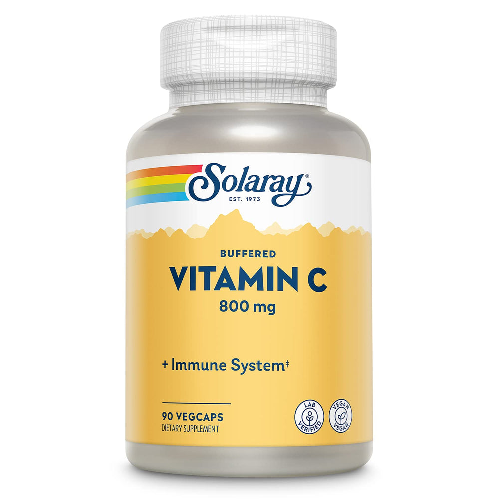 SOLARAY Buffered Vitamin C 800mg bottle with Rose Hips and Acerola for gentle immune support.