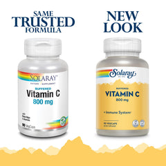 SOLARAY Buffered Vitamin C 800mg capsules highlighting enhanced absorption with Rose Hips and Acerola.