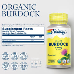 SOLARAY Burdock Root capsules close-up highlights plant-based antioxidants.