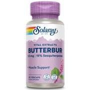 SOLARAY Butterbur Root Extract 50mg bottle pour shows dosage for vascular support