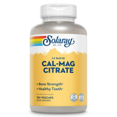 Solaray Cal Mag Citrate bottle front view showing 1:1 ratio for bone support