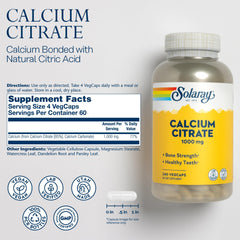 Close-up of Solaray Calcium Citrate 1000mg capsules highlighting easy-to-digest formula.