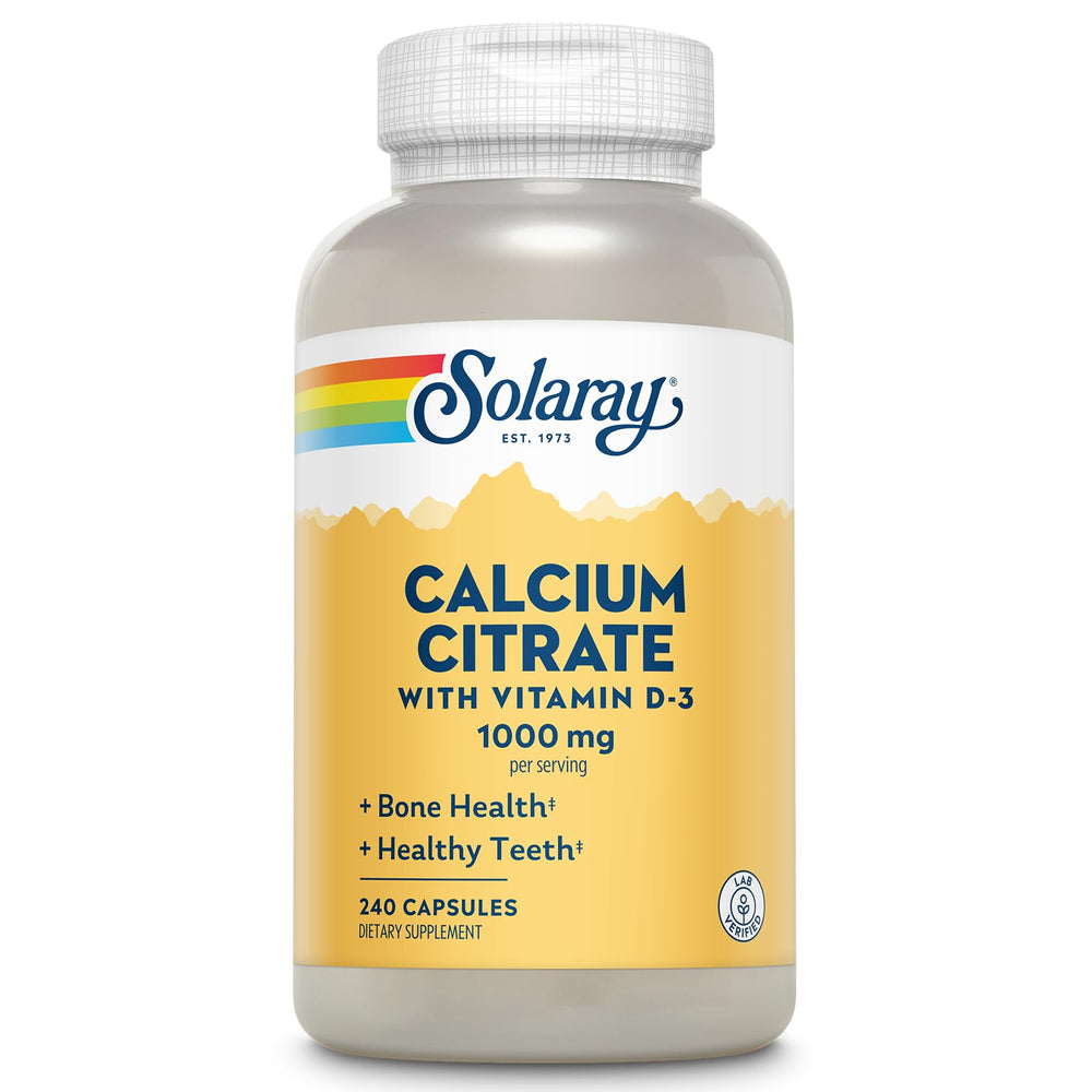 SOLARAY Calcium Citrate with Vitamin D3 bottle highlighting bone and teeth support.