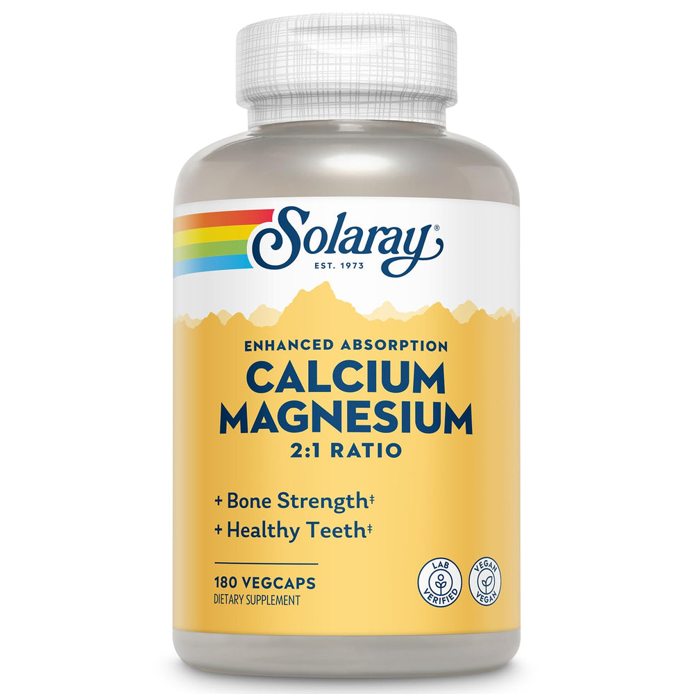 SOLARAY Calcium Magnesium bottle showing vegan 2:1 mineral balance for bone support