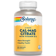 SOLARAY calcium magnesium citrate bottle showing balanced 1:1 minerals for bone support.