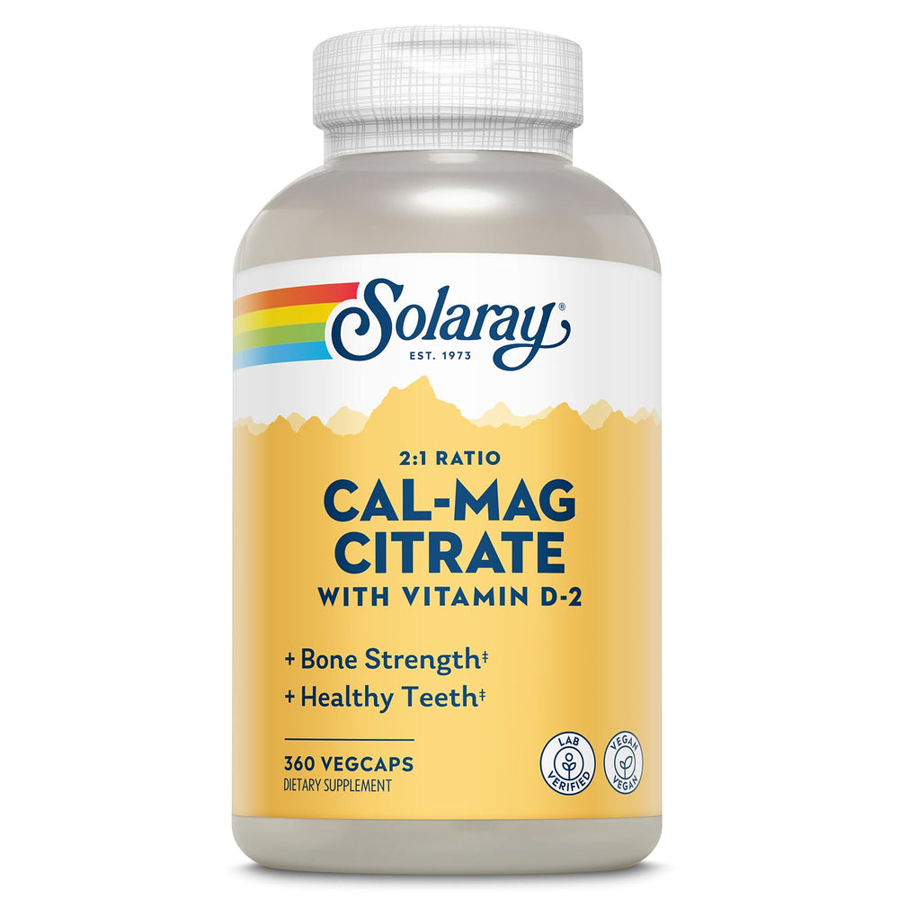 Solaray Calcium Magnesium Citrate bottle highlights a balanced 2:1 ratio for bone and muscle support.