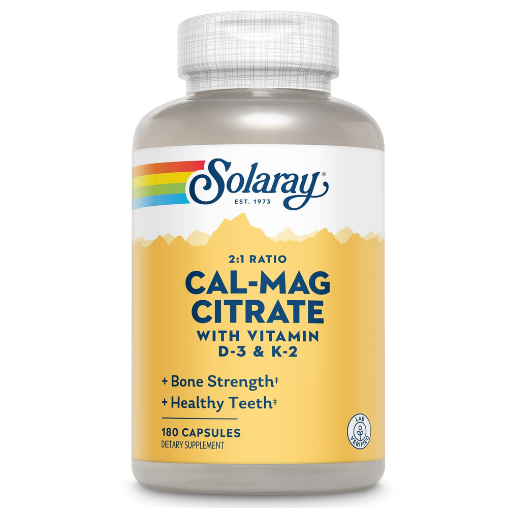 SOLARAY calcium magnesium citrate bottle on table highlights daily bone support convenience.