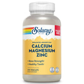 SOLARAY Calcium Magnesium Zinc bottle label highlights calcium for bone support.