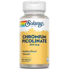Solaray Chromium Picolinate tablets bottle showing 200 mcg dosage for daily wellness.