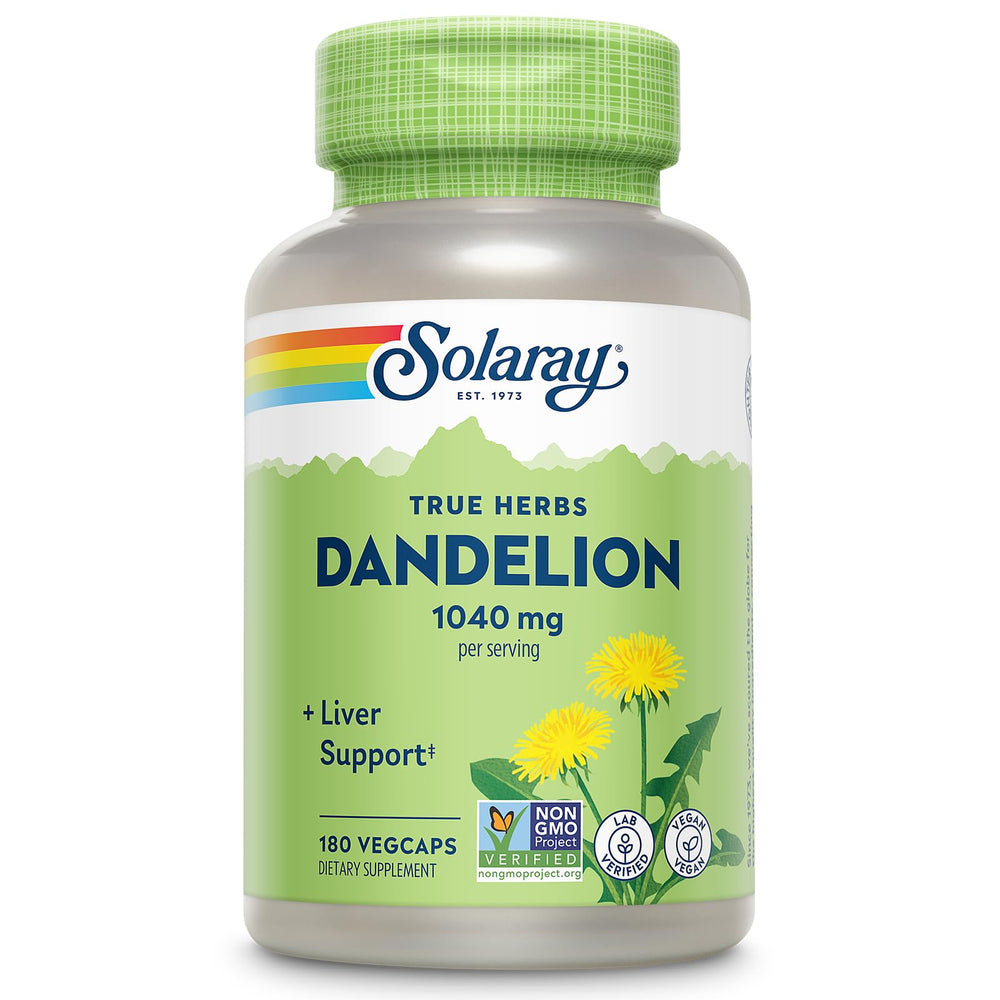 SOLARAY Dandelion Root Capsules in front bottle for liver and kidney support.