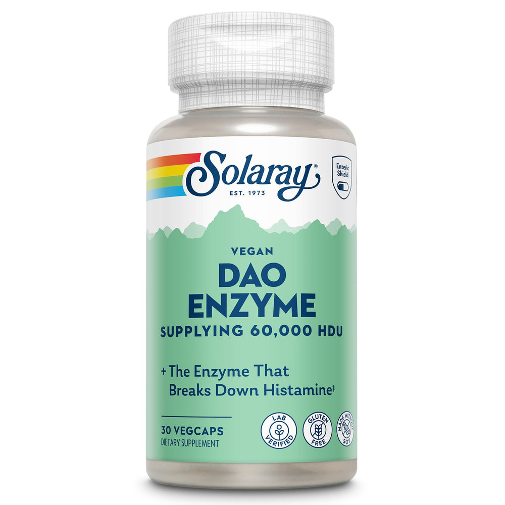 SOLARAY DAO Enzyme bottle label highlights 60,000 HDU potency for dietary support.