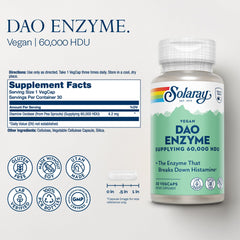 SOLARAY DAO Enzyme capsules show plant-based formula for daily vegan use.