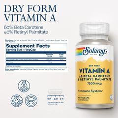 SOLARAY Vitamin A capsules poured on a surface highlighting dry-form convenience.