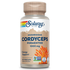 SOLARAY fermented Cordyceps bottle showing energy support and vegan quality