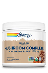 Solaray fermented organic mushroom complete powder bottle for daily supplement use.