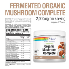 Solaray fermented organic mushroom complete powder scoop for convenient dosing.