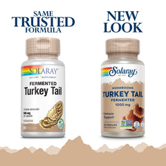 SOLARAY fermented turkey tail capsules highlight vegan, non-GMO formula for everyday wellness.