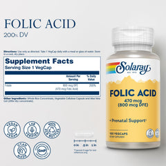 SOLARAY Folic Acid label close-up showcasing vegan, lab-verified quality