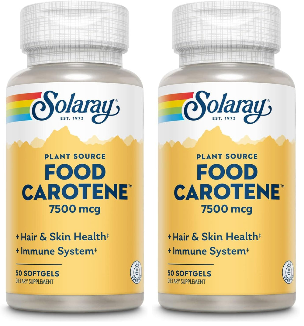 Solaray Food Carotene bottle label highlights plant-based beta carotene for healthy vision.