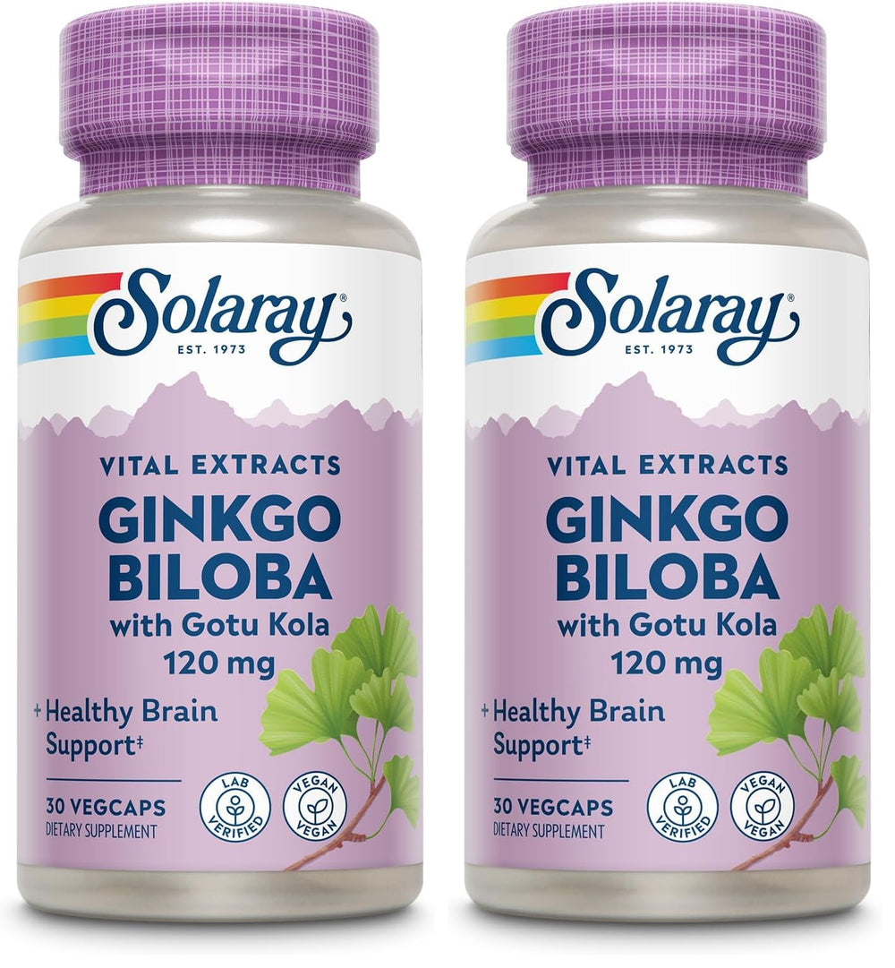 SOLARAY Ginkgo Biloba Gotu Kola bottle front for brain support in a vegan formula
