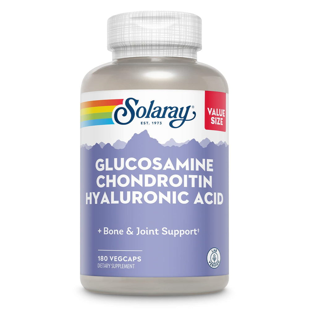 SOLARAY glucosamine chondroitin hyaluronic bottle highlights joint support potential.