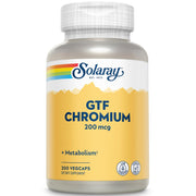 Solaray GTF Chromium 200mcg bottle supports metabolic wellness in a vegan capsule.