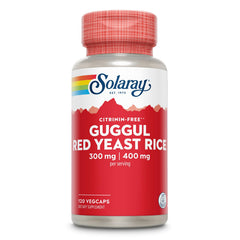 SOLARAY Guggul Gum Extract & Red Yeast Rice bottle shown for daily cardiovascular wellness.