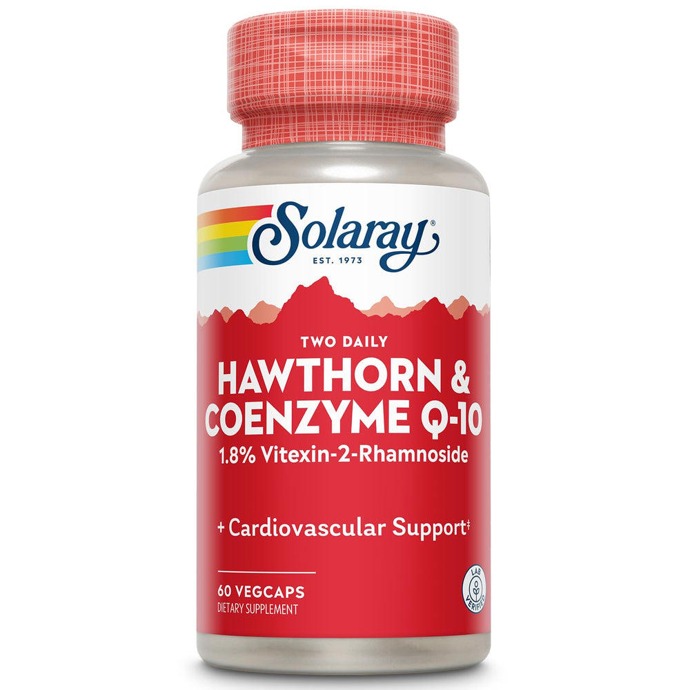 SOLARAY Hawthorn CoQ10 bottle showing potential heart support and cardiovascular wellness