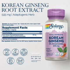 SOLARAY Korean Ginseng Root Extract capsules suggesting steady energy for daily use.