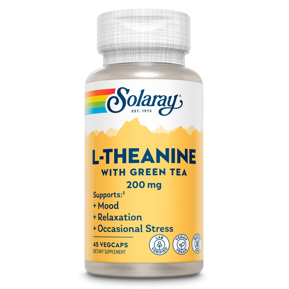 SOLARAY L-Theanine 200mg bottle supports a calm mood in daily routines.