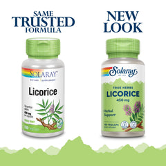 SOLARAY Licorice Root capsules closeup showing vegan, non-GMO formula