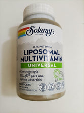 SOLARAY liposomal multivitamin bottle front emphasizes high absorption nutrition.