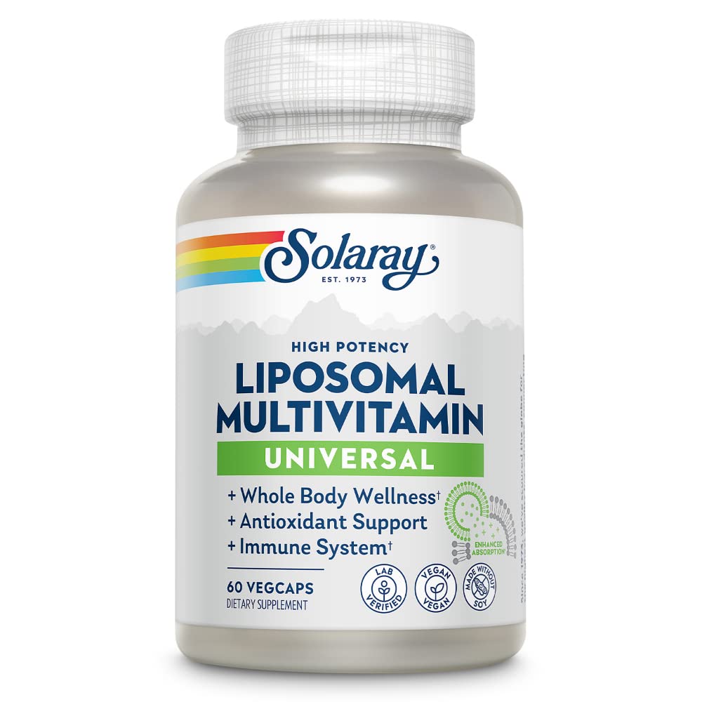 SOLARAY liposomal multivitamin bottle label highlighting enhanced absorption.