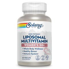 SOLARAY liposomal multivitamin bottle with 60 vegan capsules for women 50+, supports bone health.