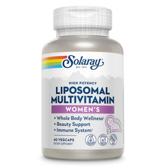 SOLARAY liposomal multivitamin for women bottle front—daily wellness in sleek packaging.