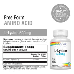 Etiqueta SOLARAY lisina L-500 mg destacando pureza y calidad de la fórmula.