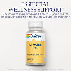 SOLARAY L Lysine 500 mg vegan packaging highlighting plant-based capsules