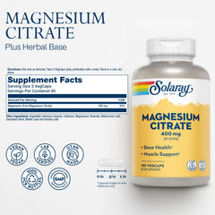 Solaray Magnesium Citrate capsules closeup highlighting chelated formula for absorption