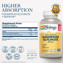 SOLARAY Magnesium Glycinate bottle label highlights high absorption with BioPerine.