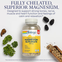 SOLARAY Magnesium Glycinate capsules close-up emphasizing gentle digestion.