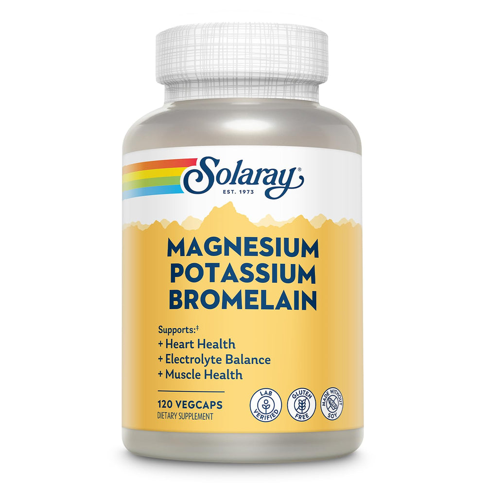 Solaray magnesium-potassium asporotates bottle with capsules for daily mineral balance and support.